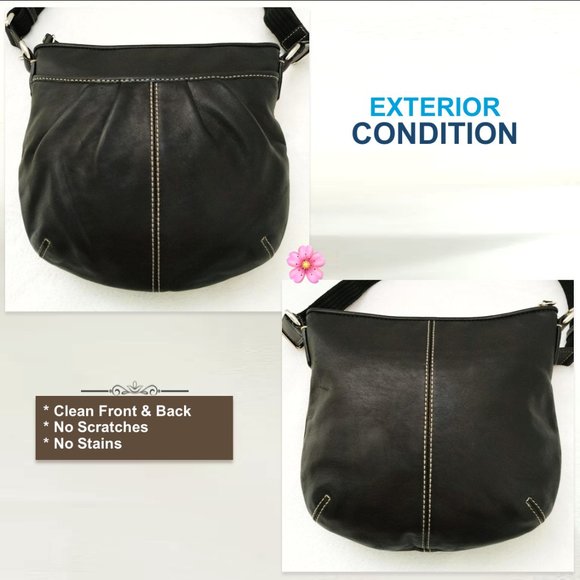 Genuine Leather Black Small Purse Shoulder Crossbody Bag Pleated White Stitched - Picture 9 of 10